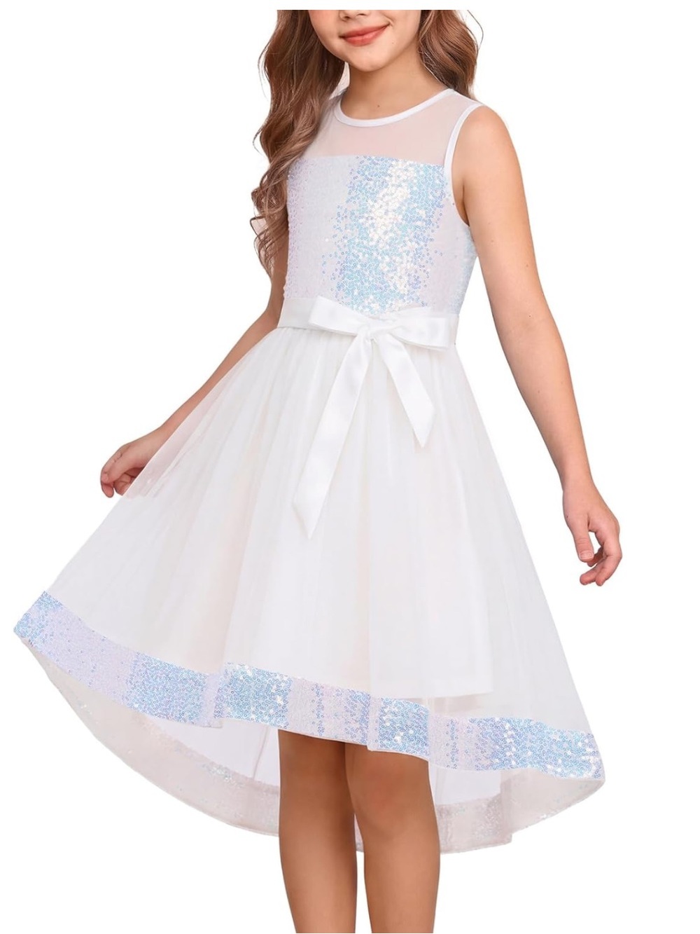 White Girls' Sparkle Tulle High-Low Dress with Bow